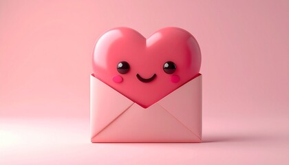 A cheerful pink heart character emerges from a sweet pink envelope