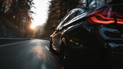 High-end black car speeding along an empty forest highway