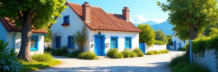 Quaint white cottage, blue accents, serene street, house exterior, peaceful