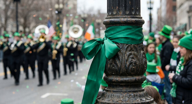 Green ribbons adorning a lamp post during St. Patrick's Day parade  