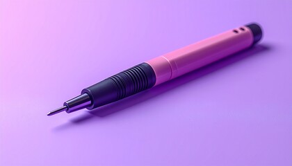 A close-up of a pink & black writing tool on a purple surface