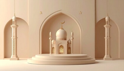 Elegant architectural rendering of a mosque, minimal style