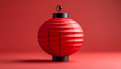 A vibrant, round red paper lantern with black top, bottom, and handle