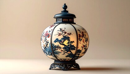 Ornate, spherical lamp with detailed floral and landscape designs