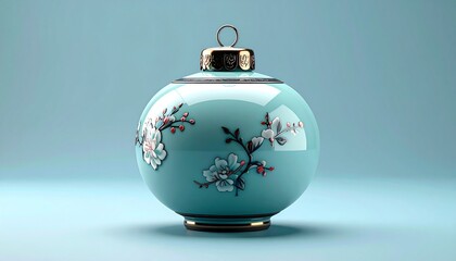 Glossy, light-blue spherical ornament with floral details