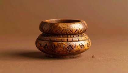 Detailed close-up of a carved wooden bowl, brown background