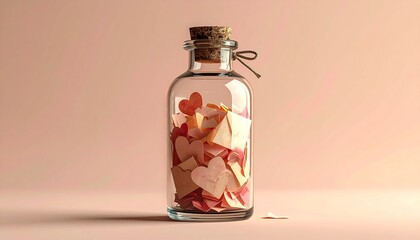 Glass bottle with cork and tied string, filled with heart-shaped paper