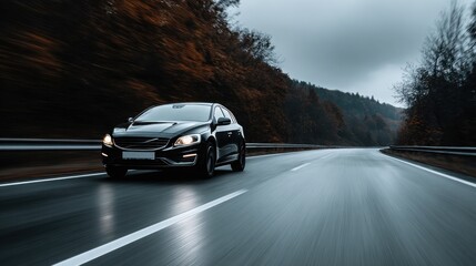 High-end black car speeding along an empty forest highway