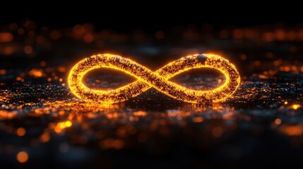 Yellow infinity symbol made of glowing binary code particles, on black background