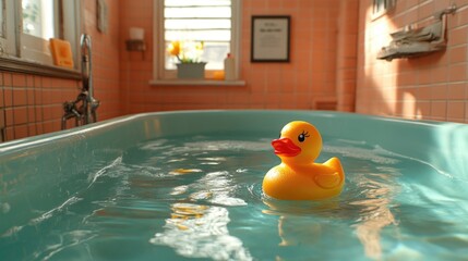 Yellow rubber duck floating on the water of the bathtub
