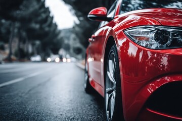 Red hatchback speeding along a forest road with motion blur