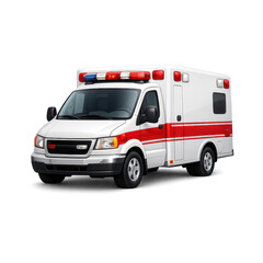 A professional white ambulance vehicle with red stripes and emergency lights stands ready for urgent medical response and patient transport.