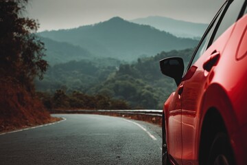 Red hatchback speeding along a forest road with motion blur