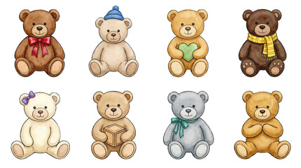 Watercolor teddy bear set including brown, tan, gray, and cream plush characters with hats, bows, and gifts isolated. Cute toy collection for children.