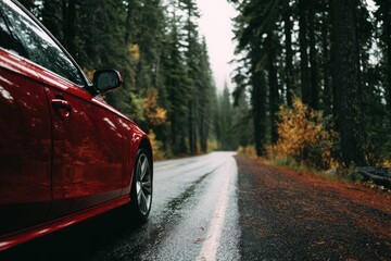 Red hatchback speeding along a forest road with motion blur