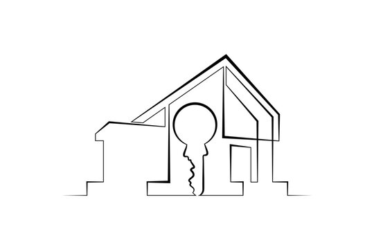 Continuous single line drawing residential building. House key. Modern house. Architecture. Real estate. Linear.One continuous line isolated minimalist illustration. Not AI.