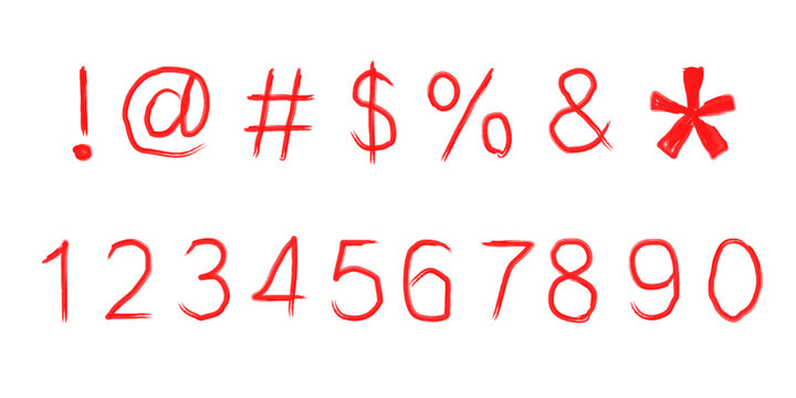 Red Handwritten Symbols and Numbers on Black Background &ndash; Artistic Casual Typography Set
