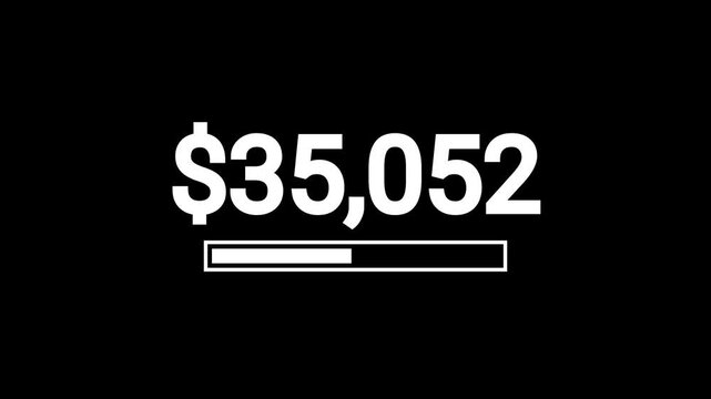 Dollar count up animation from 0 to 70,000 on black background, numeric counter for finance metrics, statistics dashboard presentation, professional modern motion graphics. High-quality 4K