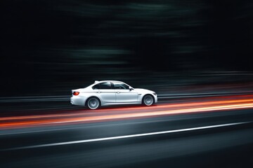 White sports sedan driving on forest highway