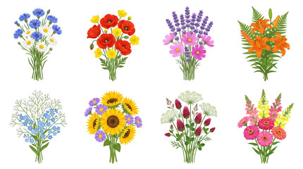 Wildflower bouquet set including sunflowers, poppies, lavender, lilies, and cornflowers isolated. Floral collection for wedding invitation and greeting card design.