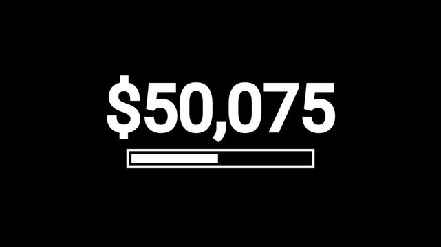 Dollar number counter animation from 0 to 100,000 on black background, smooth digital counting for finance growth metrics, statistics visualization, premium business motion design. 4K Video