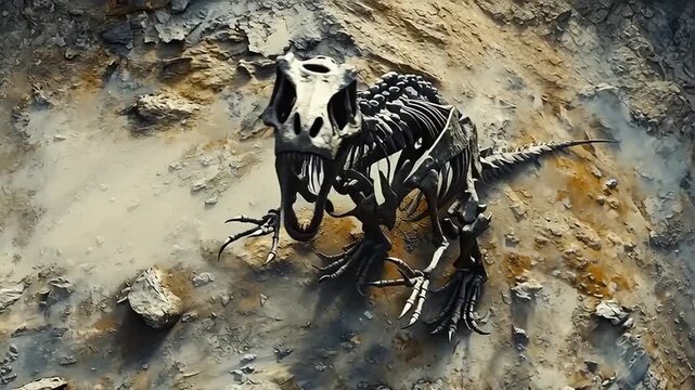 Fossilized dinosaur skeleton unearthed in ancient rock formation.