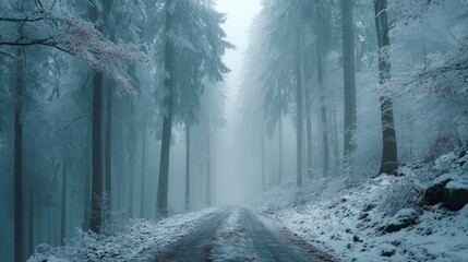 Naklejka premium Serene winter forest road enveloped in fog, symbolizing solitude, exploration, and seasonal tranquility for nature, travel, or wellness concepts
