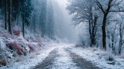 Obraz premium Misty winter forest road evokes solitude, adventure, and seasonal travel in tranquil, frosty wilderness, ideal for holiday, nature, or outdoor lifestyle themes