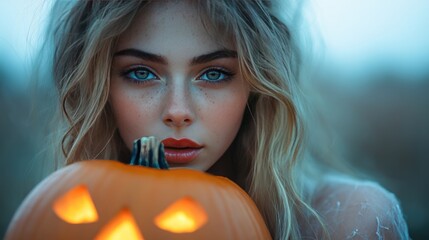 Young halloween witch with pumpkin