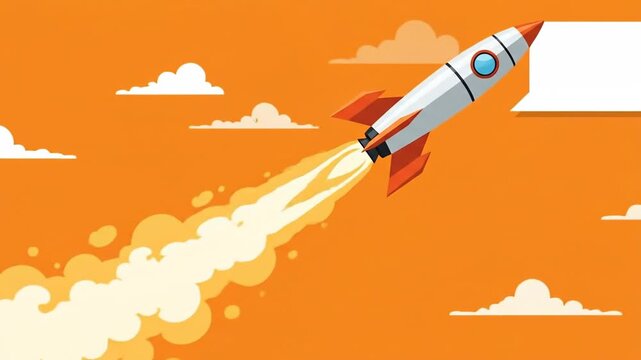Cartoon Style Rocket Launching Upwards with Cloud and Text Bubble on Orange Background
