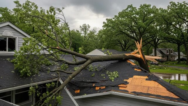 Fallen tree on damaged roof after storm, suburban neighborhood, overcast sky