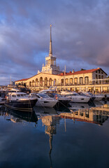 Fototapeta premium The Marine Terminal building of Sochi sea port at sunset. Sochi. Krasnodar Krai, Russia