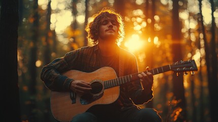 Young Musician Playing Guitar in a Sunlit Forest. Guitarist Immersed in Music Amidst Woods.