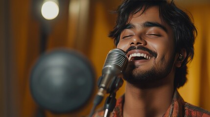 Young professional smiling Indian singer performs a new song into a microphone while recording it in a music studio
