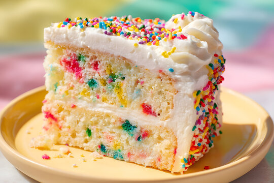 Colorful Funfetti Cake Slice with Whipped Cream and Sprinkles on a Yellow Plate