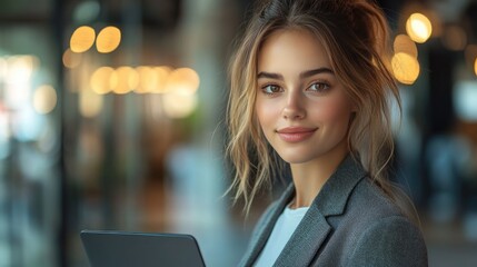 Young woman in suit holding a laptop, standing near an office center, actively seeking employment while awaiting job offers and interviews.