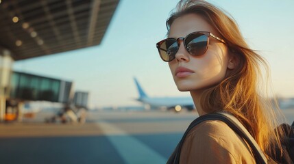 Young woman in sunglasses at the airport in front of the runway while waiting landing. summer vacation concept