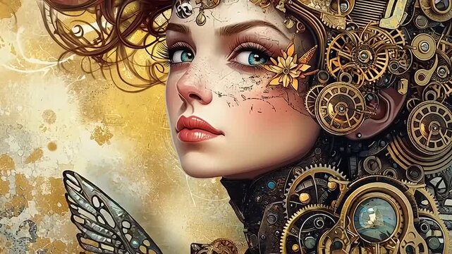 Steampunk Woman Portrait with Mechanical Elements.