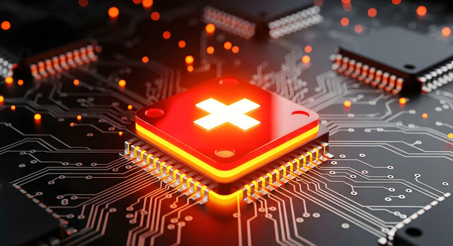 A glowing red computer chip with a white 'X' symbol on a dark circuit board, indicating a critical system error or malfunction.