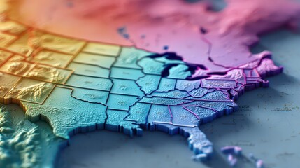 Naklejka premium Elevated Topographical Map of The United States with Pastel Gradient Highlighting State Borders