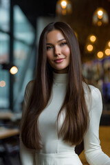 Obraz premium portrait of a woman with glossy chestnut hair in luxury interior, elegant woman smiling in modern boutique setting, cinematic beauty portrait with natural makeup and warm lighting