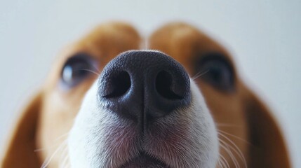 Zoom in on the inquisitive nose of a Beagle, emphasizing the breed's keen sense of smell and friendly disposition against a white canvas.