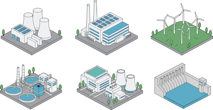 Isometric Industrial Power Plant and Renewable Energy Icon Set Featuring Nuclear Station Wind Turbines Hydroelectric Dam and Water Treatment Facility for Infrastructure