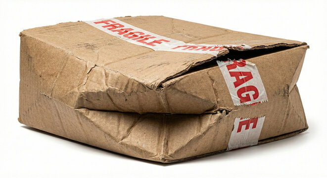 Damaged Cardboard Delivery Box with Fragile Red Tape