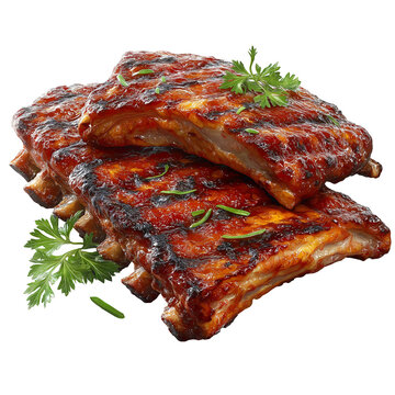 Stack of delicious glistening barbecue pork ribs perfectly glazed with sweet sauce and garnished with fresh green parsley sprigs for a hearty meal