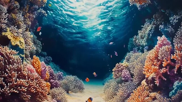 Vibrant underwater coral reef teeming with small fish and sunlight filtering through the ocean surface.