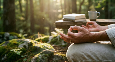 Trust recession digital detox mental recovery meditation outdoor forest nature scene, calm sunlight, remote woodland retreat focus on breath