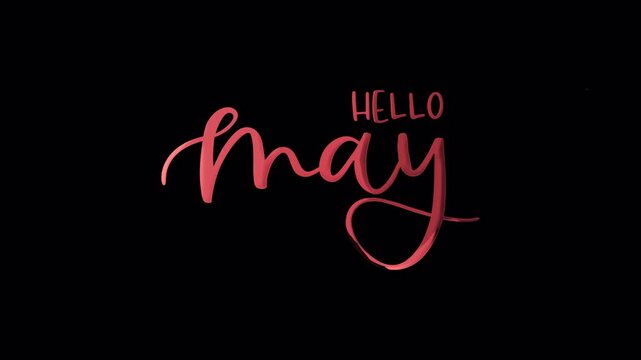 This text animation displays "Hello May" in red typography on a transparent background, perfect for seasonal greetings and monthly transitions.