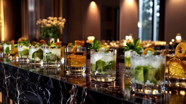 Row of colourful cocktails and fresh mint leaves on glossy bar counter under warm lights evokes festive nightlife celebration mixology craft and stylish party atmosphere