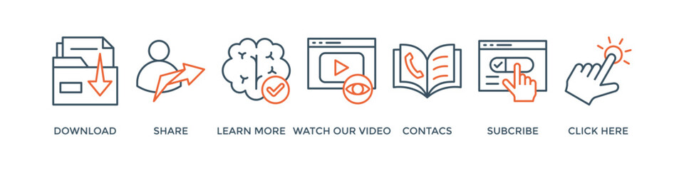 Call to action banner web icon vector illustration concept with icon of download, share, learn more, watch our video, contact us, subscribe, and click here